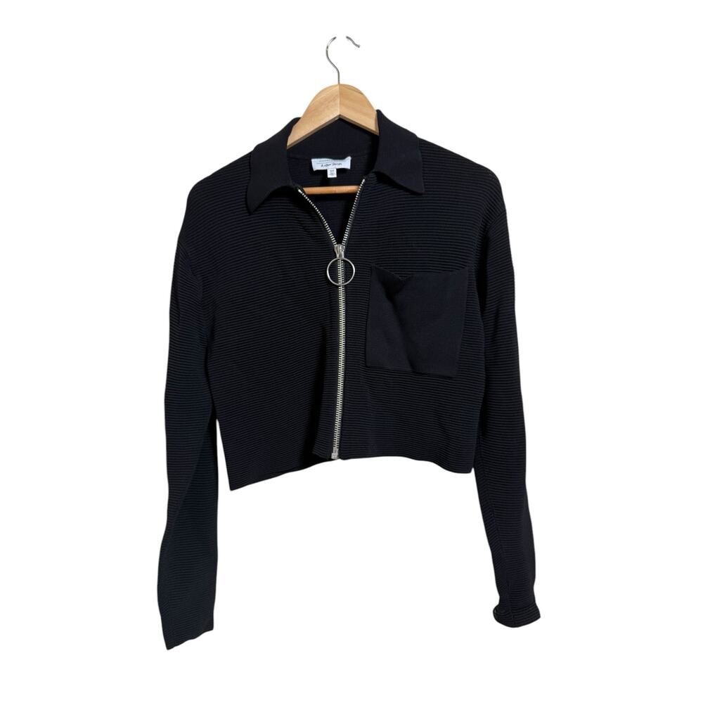 & Other Stories Women's Black Ribbed Knit Cropped Zip Up Jacket Size XS Y2K